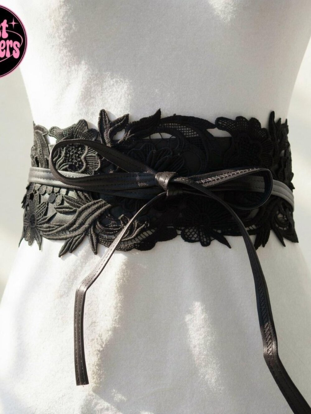 Y2k 2000s style Black leather floral corset belt with bow